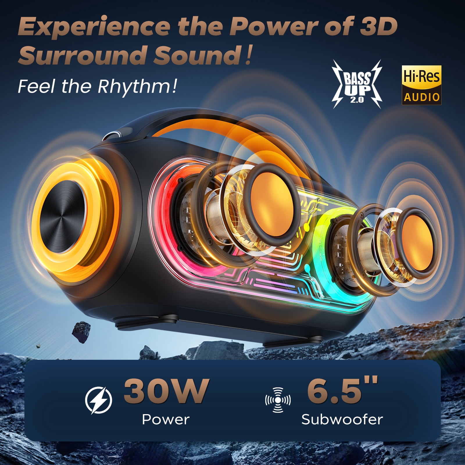 FanFun Party Speaker, Portable Bluetooth Speaker with Dazzling Party Lights, 6 Voice Modes, IPX5 Waterproof