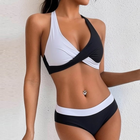 Xdegoge Swimsuits for Women V Neck Mid Rise Bikini Sets Two Piece Bathing Suits Smooth Color Block Cross Front Flattering Beachwear