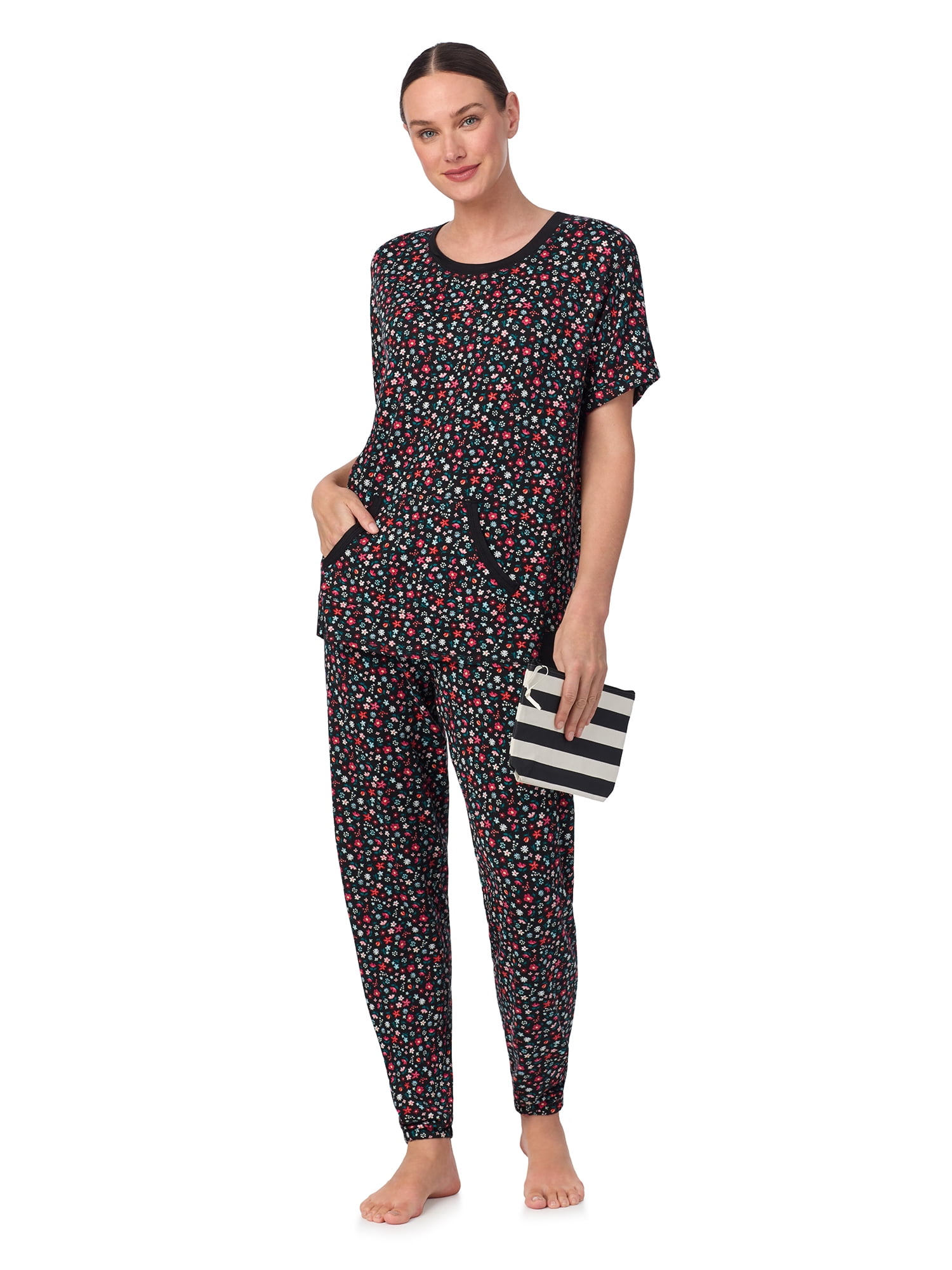 Secret Treasures Women's and Women's Plus Short Sleeve Top and Joggers with Makeup Bag, 3-Piece Knit PJ Set