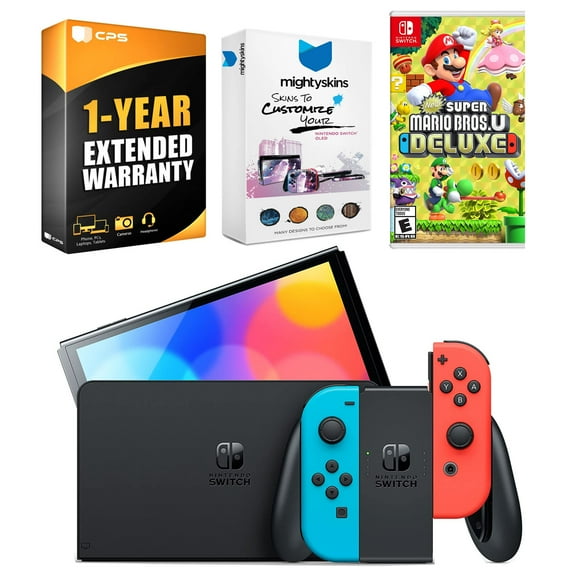 Nintendo Switch Neon Red & Blue OLED Console with New Super Mario Bros. U Deluxe, MightySkins Console and Controller Skin Voucher, and 1 Year CPS Extended Warranty