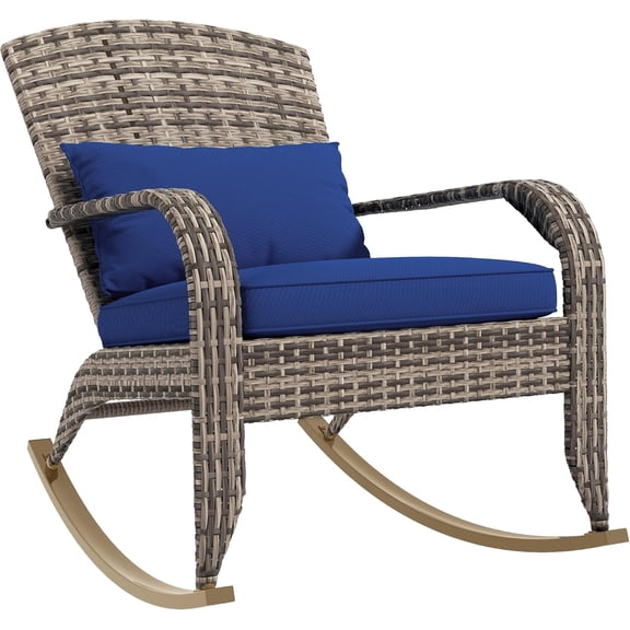 Killeryuki Outdoor Wicker Adirondack Rocking Chair, Patio Rattan Rocker Chair with High Back, Seat Cushion, and Pillow for Garden, Porch, Balcony, Dark Blue