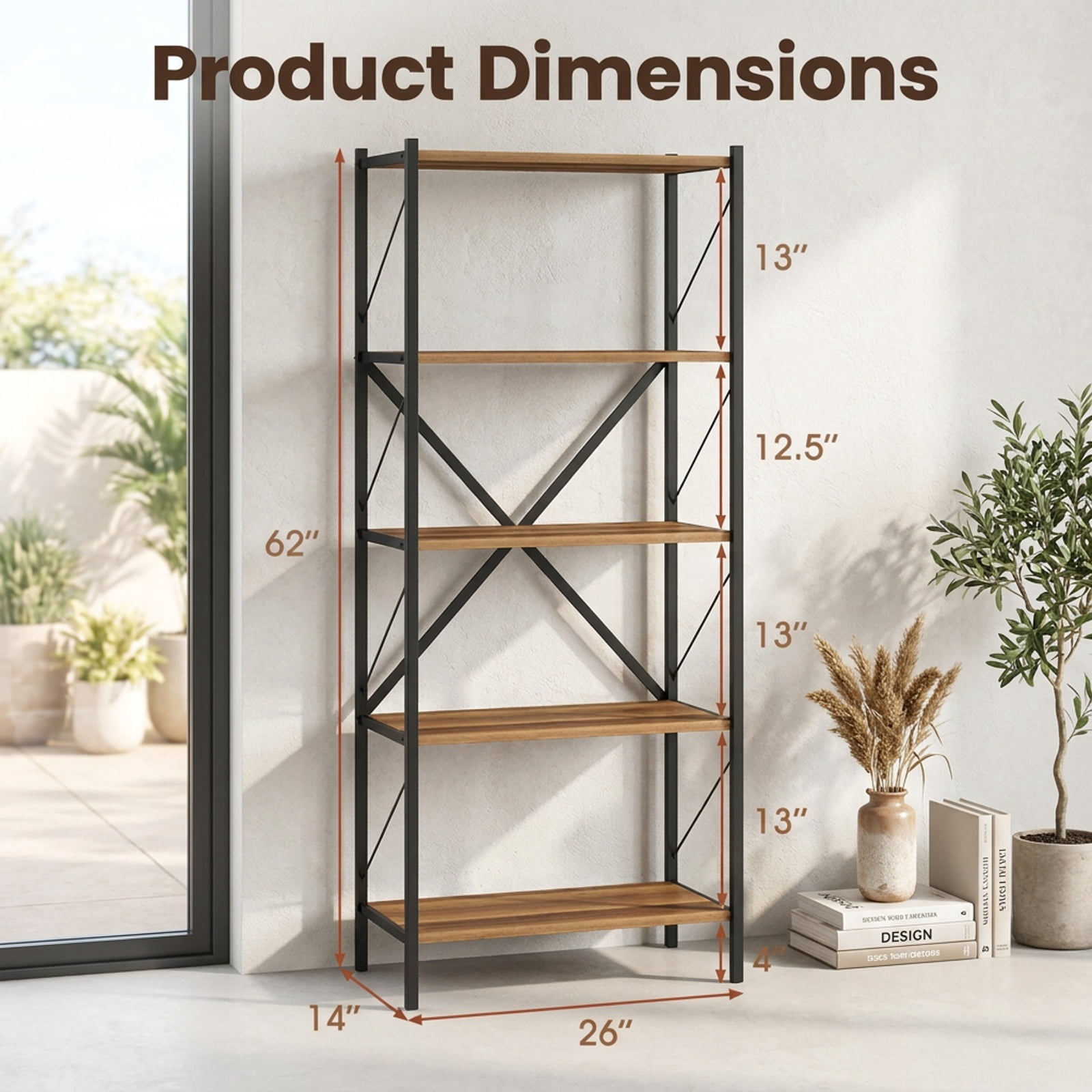 Furnibear 5-Tier Tall Bookshelf Industrial Bookcase with Heavy-Duty Metal Frame Modern Storage for Living Room Home Office Bedroom Display, Walnut