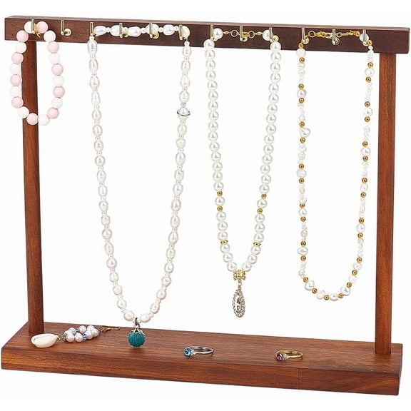 1 Sets Walnut Wood Necklace Display Stand with 12 Hooks Wooden Necklace Holder Wood Jewelry Hanger Display Jewelry Organizer Rack for Bracelets Necklaces Earrings Hanging