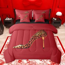 jejeloiu Chic High Heels 7-Piece Bedding Comforter Set,Fashion Leopard Print Shoe King Bedding Sets,Red Brown Bed Sheets For Girls,Breathable Home Decor Reversible