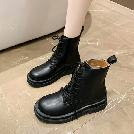 

Juebong Christmas Deals Autumn and winter new fashion thick bottom round head front lace short breathable fashion boots 8.5 Black
