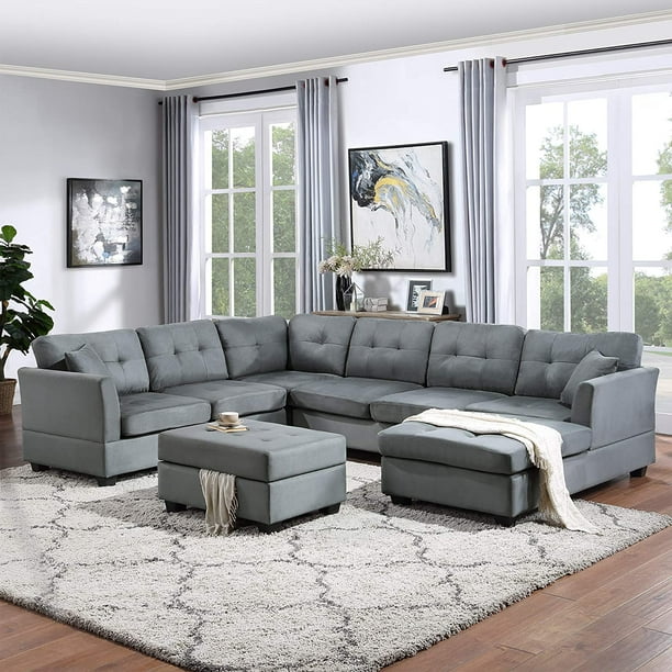 Sectional Sofa Set U Shape Upholstered Couch Removable Suede Cover With Storage Ottoman And Two Pillows Reversible Extra Wide Chaise Lounge Perfect For Living Room Hotel Office Gray Com Sectional Sofa Set U Shape Upholstered, U Shaped Sectional Sofa Covers