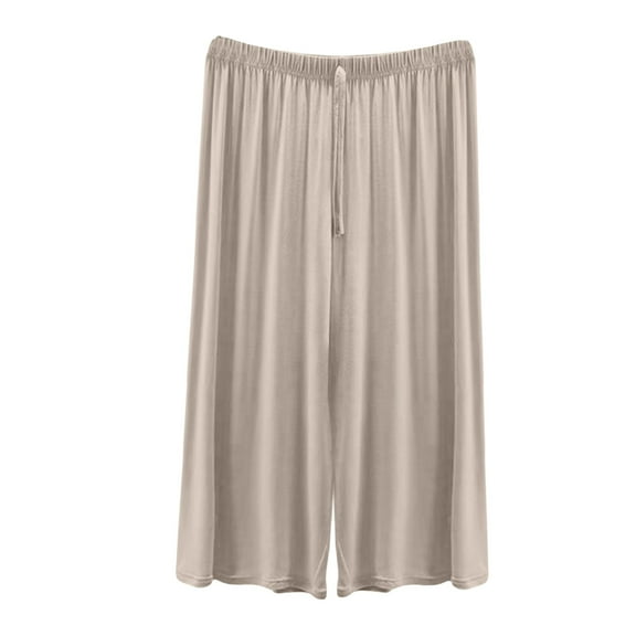 FUNUONY Pajama Capri Pants for Women Soft Comfy Pajama Bottoms Casual Stretch Wide Leg Pants Lightweight Lounge Cropped Pants Half Shorts for Under Dresses Half Culotte Shorts Split Skirt Beige L