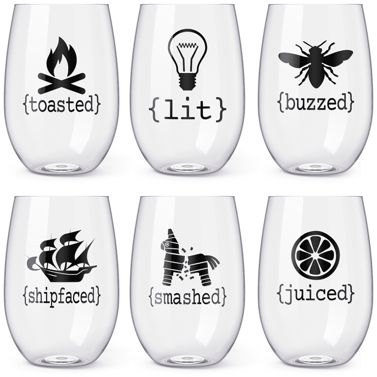 Shatterproof Stemless Wine Glasses with Punny Sayings, Buzzed Juiced Lit  Toasted, Cute Glass for Girls Night, Set of 4