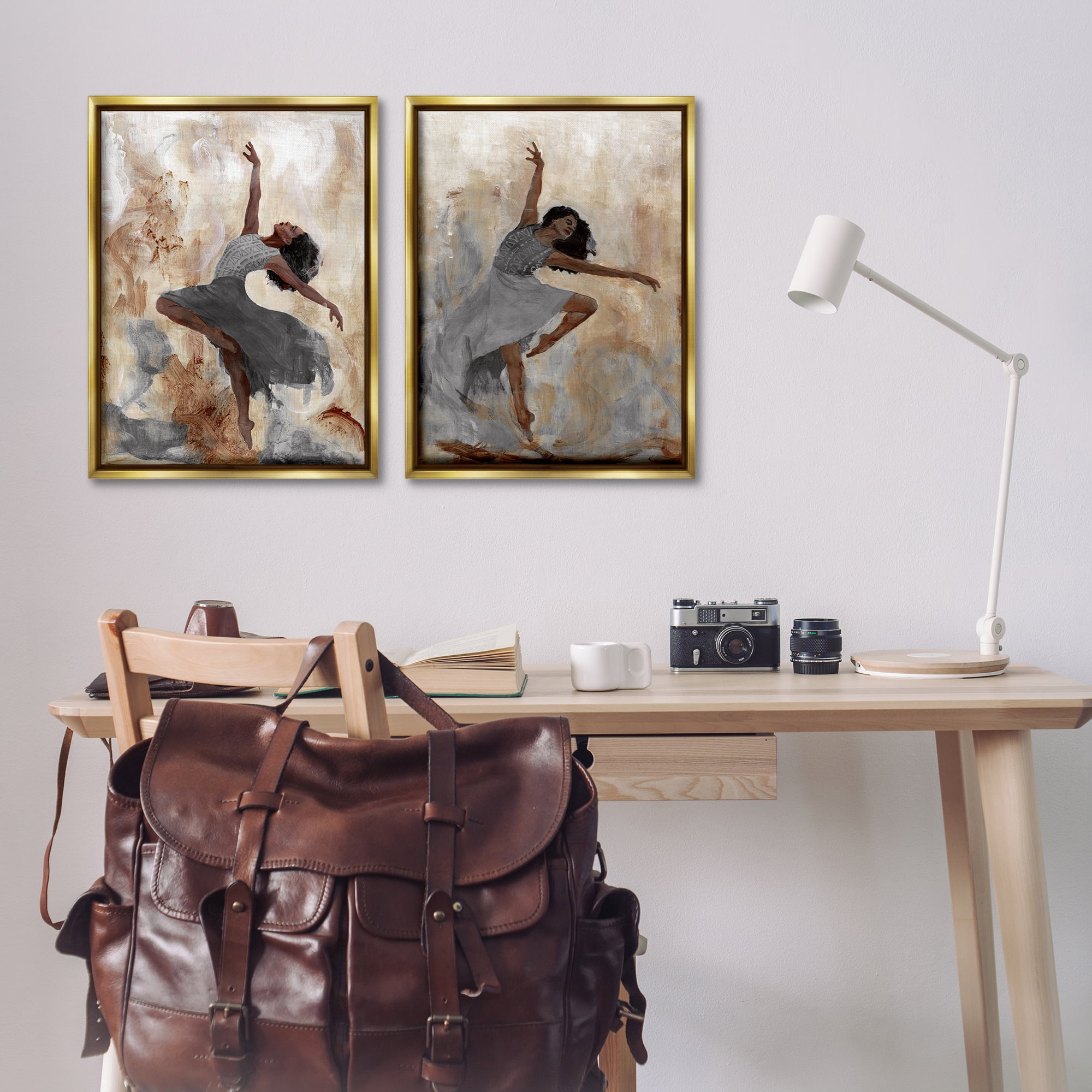 Stupell Industries Abstract Interpretive Dance Figure People Painting Gold Floater Framed Canvas Art Print Wall Art, 21 x 31, Set of 2