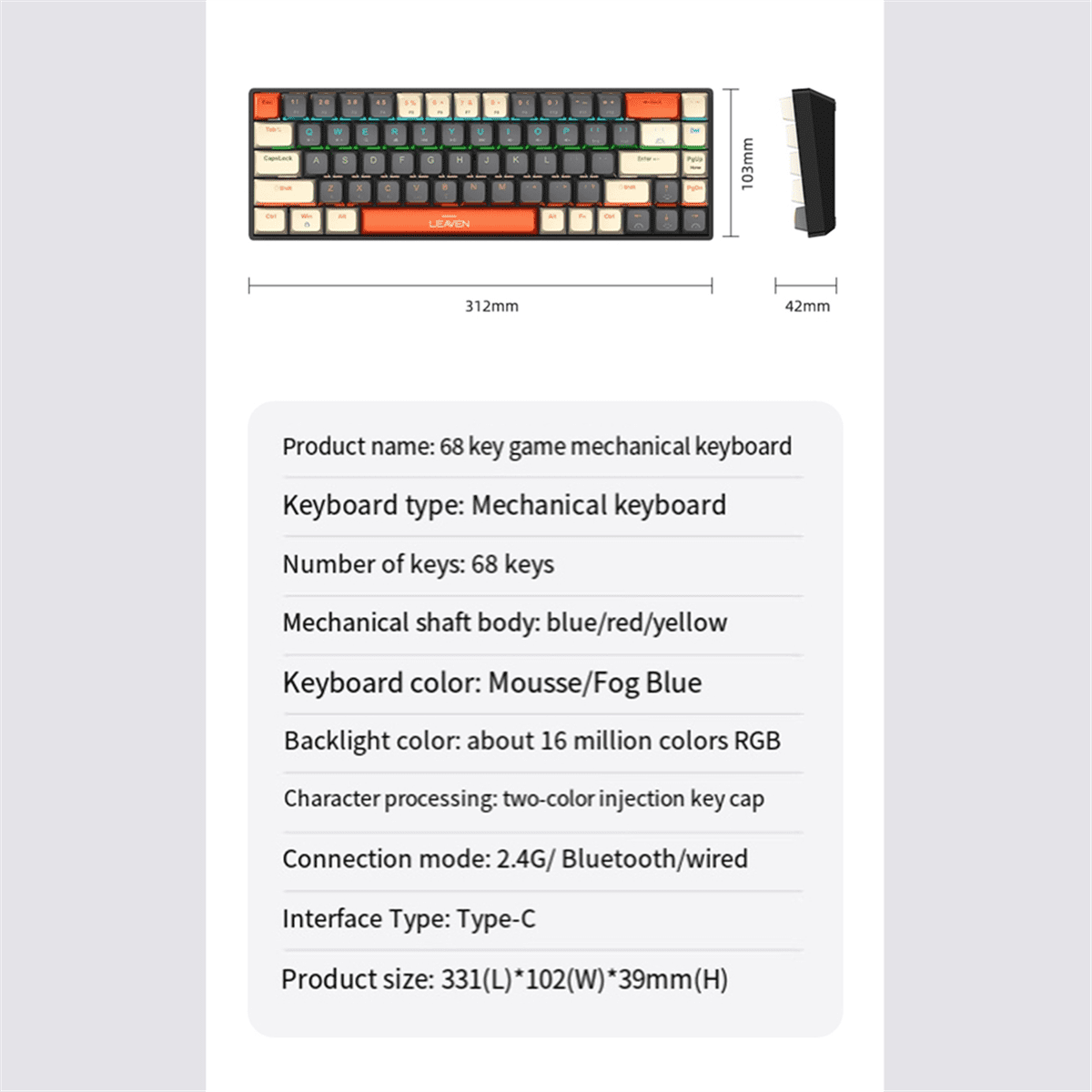 Wireless Three-Mode Mechanical Keyboard 2.4G Bluetooth Wireless Keyboard RGB Hot-Swappable,for Gaming Computer Office,1 x Data cable 1 x keyboard 1 x English manual