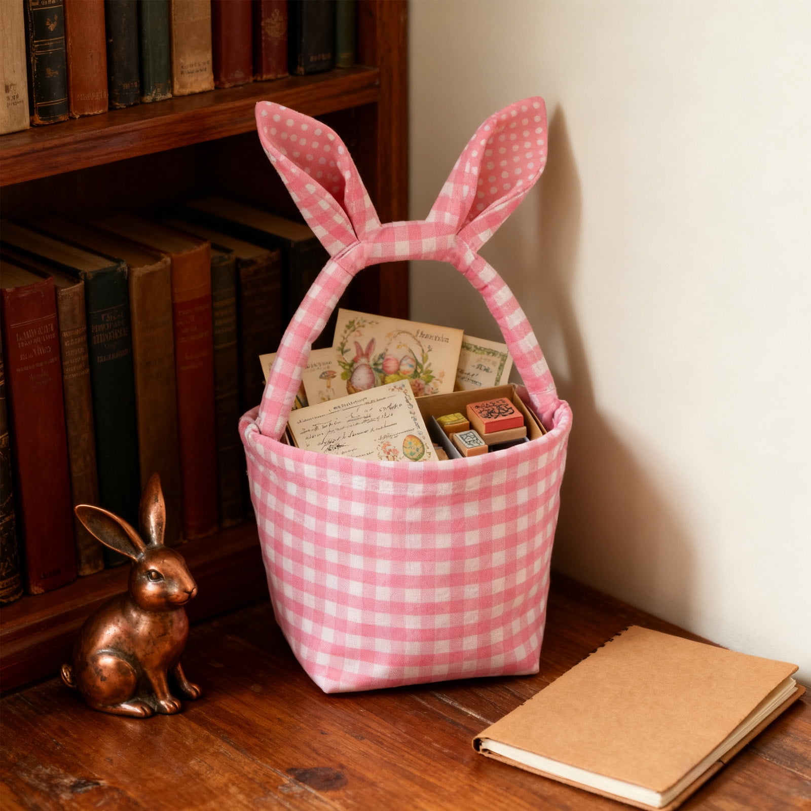 Lunxisen 4 Pcs Easter Bunny Basket Plaid Gingham Easter Buckets with Border Pleat,Cute Easter Basket Tote Easter Eggs Hunt Bag,Easter Decorations,Candy Gifts Storage