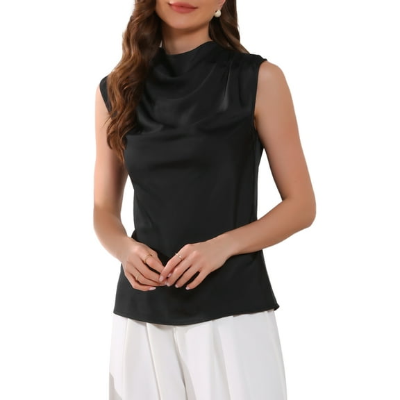 INSPIRE CHIC Sleeveless Satin Tank Tops for Women Mock Cowl Neck Ruched Dressy Casual Blouse XL Black