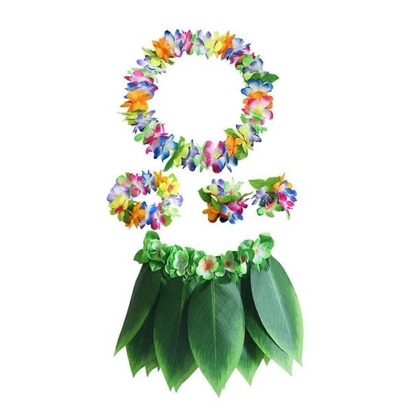5pcs Hawaii Performance Costume Tropical Hula Grass Dance Skirt Dressup Flower Bracelets Head Loop Neck Wreath Set (Thicken Fabric Colorful Kid Size)
