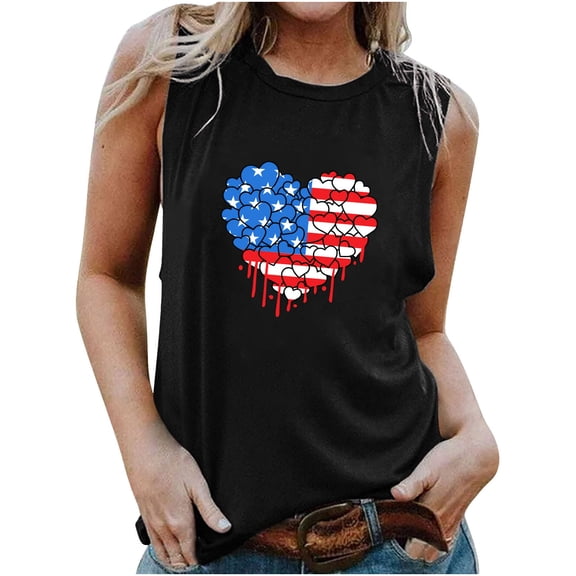 Wycnly 4th of July Tank Top for Women Independence Day Patriotic Tshirts Loose Fit Breathable Vest Summer Heart Print Crewneck Sleeveless Fashion Blouses Black xl
