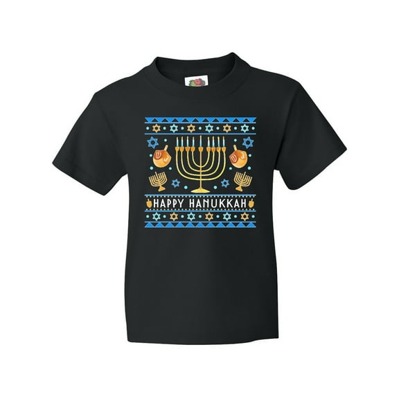 Inktastic Happy Hanukkah Sweater Style Design with Menorah and Dreidel Youth T-Shirt