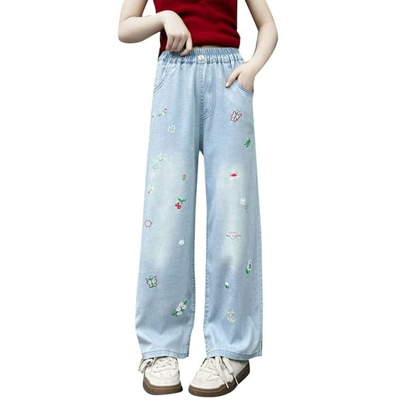EnJoCho Girls Flare Straight Leg Jeans Elastic Waist Denim Pants Loose Fit Casual Trousers Cute Embroidery Stylish Comfortable Daily Wear 2023 New Kids Junior