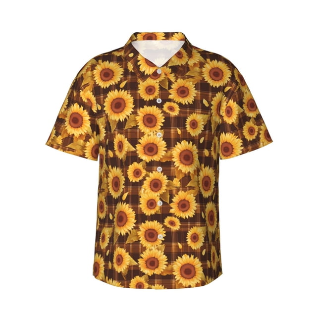 Fotbe Vintage Brown Plaid Sunflower Camisa Hawaiana para Hombre Unisex – Camisa Casual de Verano con Botones de Manga Corta de Algodón y Lino,Large