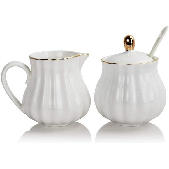 Royal Ceramic Sugar and Creamer Set, 3 Piece Set with Cream Pitcher, Sugar Bowl, Sugar Set with Lid & Spoon, Coffee Serving Set Wedding Gift(White)