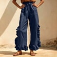 thumbnail image 6 of Mifsaly Womens Casual Pants Elastic Waist Drawstring Wide Leg Trousers Ruffle Trim Lightweight Breathable Summer Vacation Lounge Everyday Clothes with Pockets Navy,M, 6 of 8