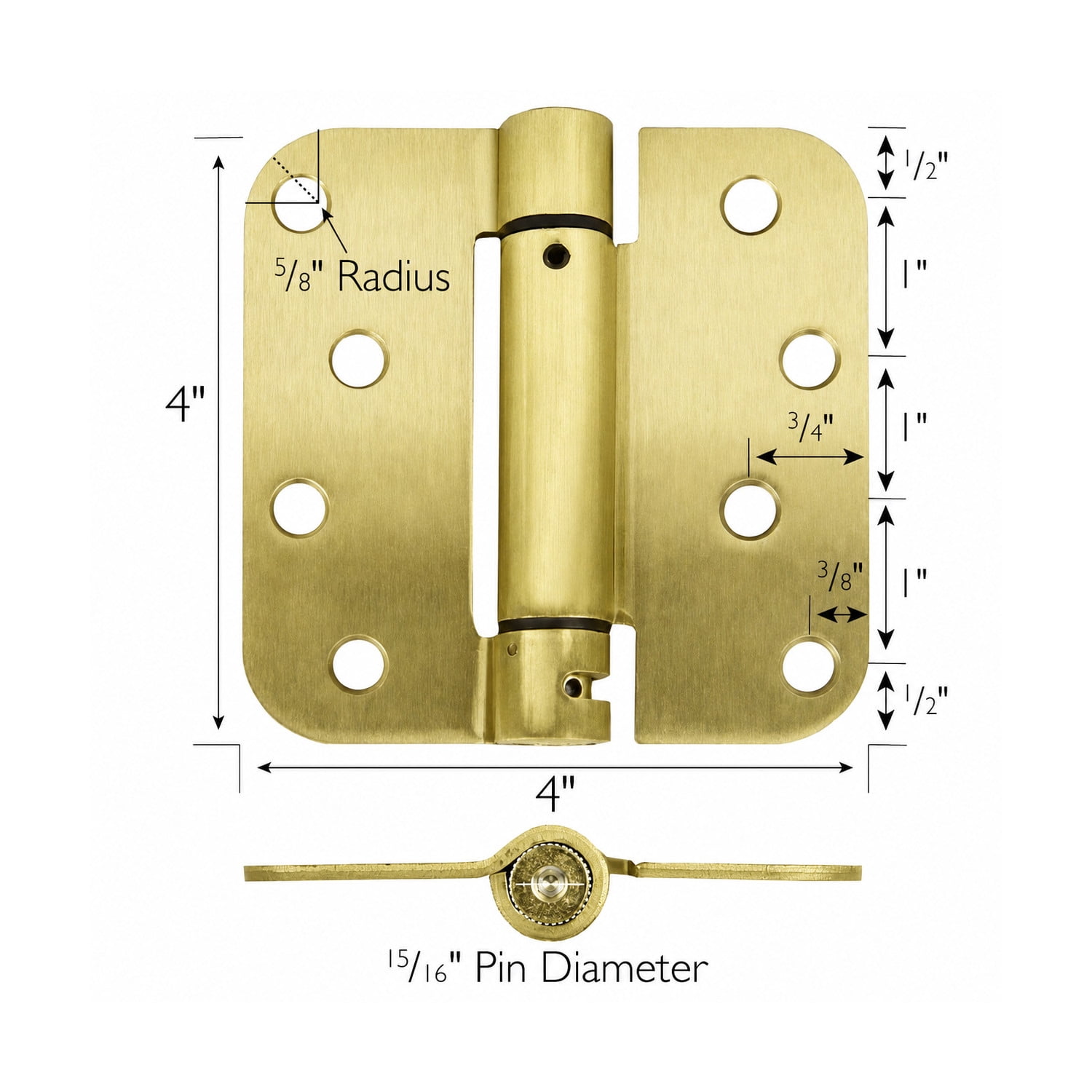 Steel Self Closing Door Hinge, 4 in. x 4 in., 5/8 in. Radius, Satin Brass, 2-Pack