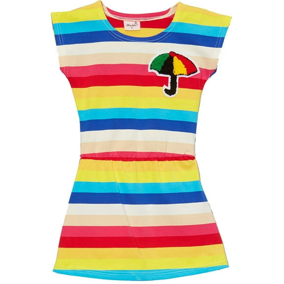 Wenchoice Girl's Blue & Yellow Stripe Umbrella Cap-Sleeve Dress - S(1T-2T)