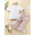 thumbnail image 3 of Chollius Infant Baby Girl 3Pcs Sets Letter Short Sleeve Tops Floral Print Flare Pants/Ruffled Shorts Bow Hairband Summer Outfits, 3 of 9