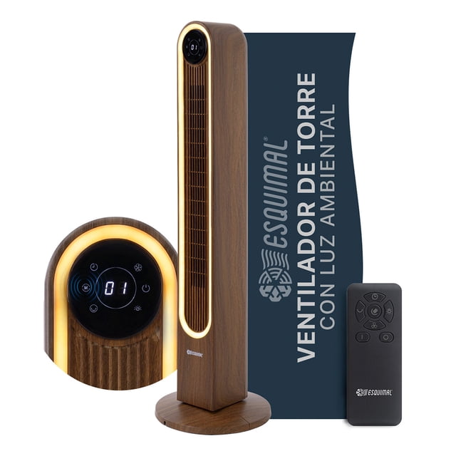 Ventilador de Torre 106 cm ESQUIMAL, Luz LED Ambiental, Pantalla Táctil con Temperatura, Oscilación 150°, 4 Velocidades, Temporizador 9 h, Control Remoto. Color Caoba