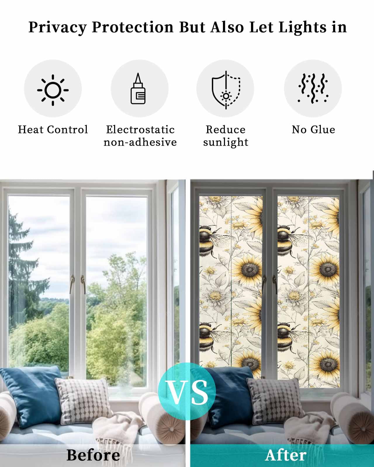 Window Privacy Film Sunflowers Bees Stained Glass Window Film Decorative Sun Block Window Cover Summer Vintage Flowers Leaf Plant Window Clings Static Adhesive Sticker for Bathroom 17.7"x78.7"