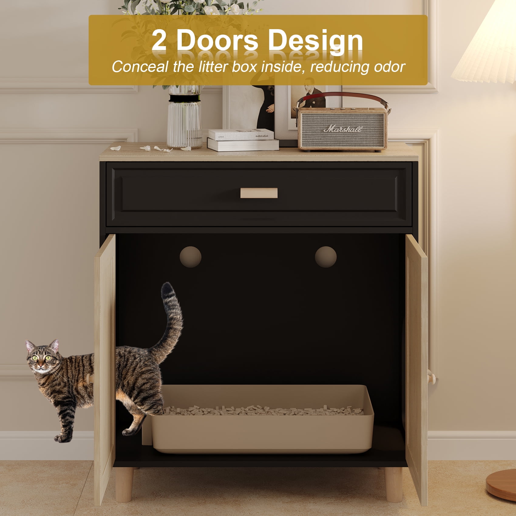 Faceket Wooden Ventilated Cat Litter Box Furniture with Scratching Board Doors and Drawer, Black