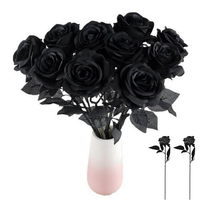 EIMELI Black Roses Artificial Flowers Halloween Black Fake Rose with Long Stem Fake Black Roses Bouquet for Wedding Party Home Gothic Halloween Decor