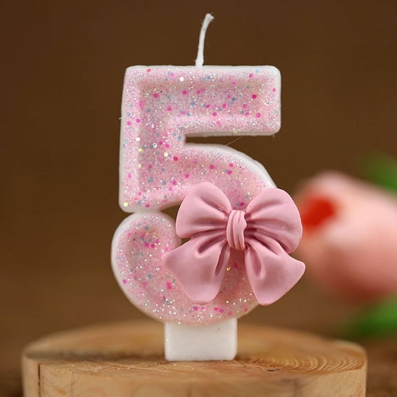 0-9 Birthday Candles, 2.95 inch Pink Bow Glitter Number Candles Cake Topper Decorations,3D Bow Designed Pink Number Candles for Birthday Cake Decorations (5)