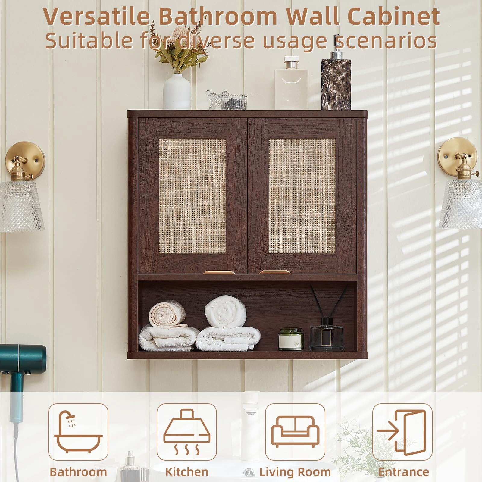 LELELINKY Rattan Wood Bathroom Wall Cabinet with Adjustable Shelf, Boho Medicine Cabinet for over Toilet Storage, Laundry Room, Walnut