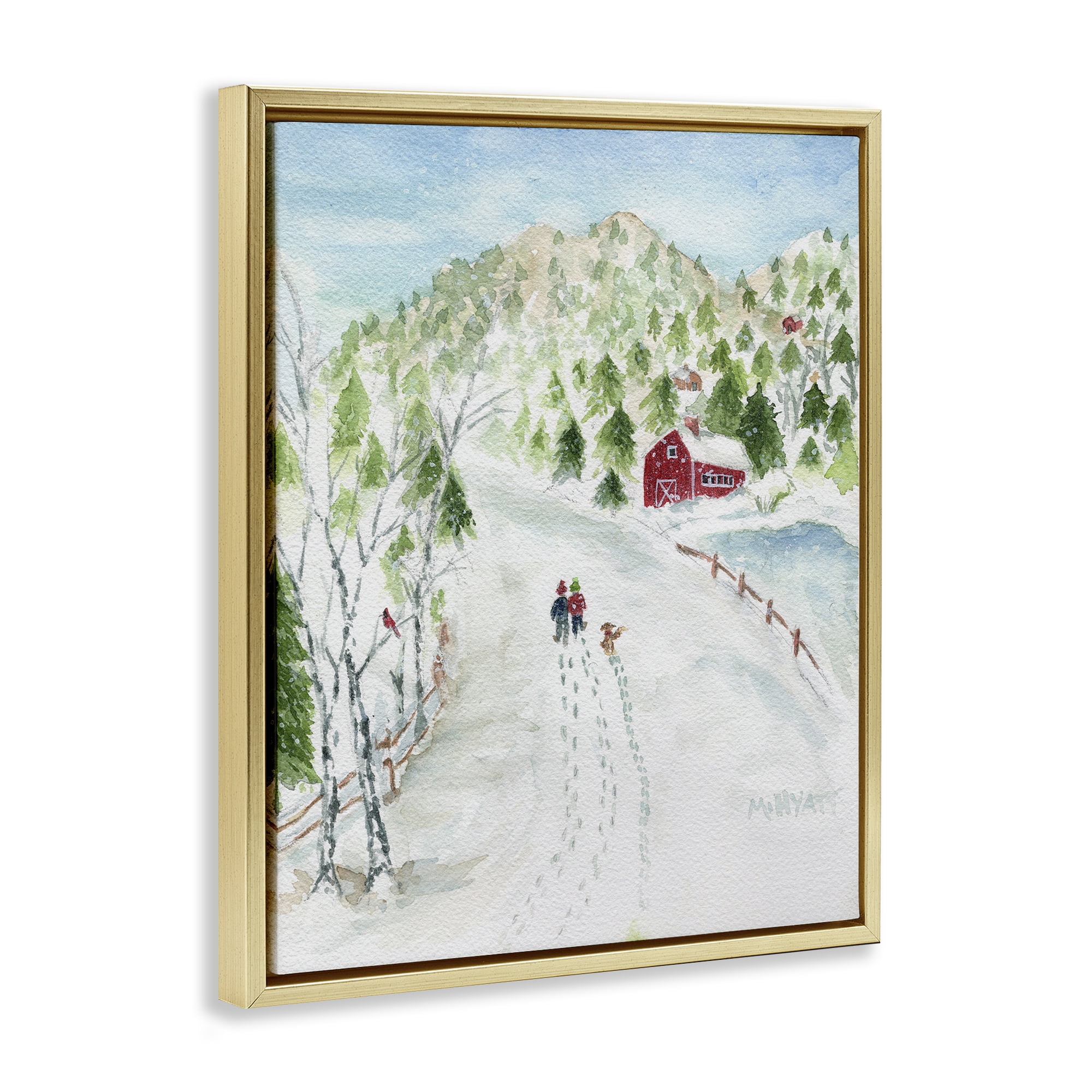 Stupell Industries Steps in Country Snow Holiday Painting Gold Floater Framed Art Print Wall Art, 17 x 21