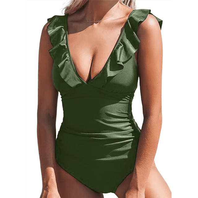 Traje de Baño de una Pieza con Volantes para Mujer, Escote en V, Cordones, Verde, Talla XXL