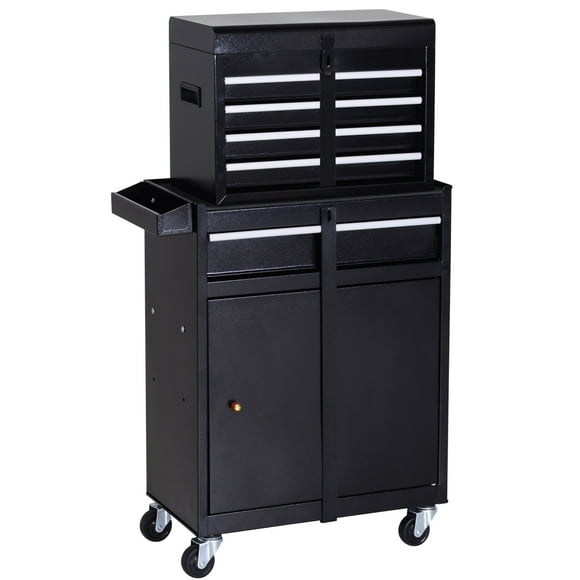 DURHAND Rolling Tool Cabinet 2 in 1 Top Chest Storage Box 5 Drawers with Pegboard and Adjustable Shelf, Black