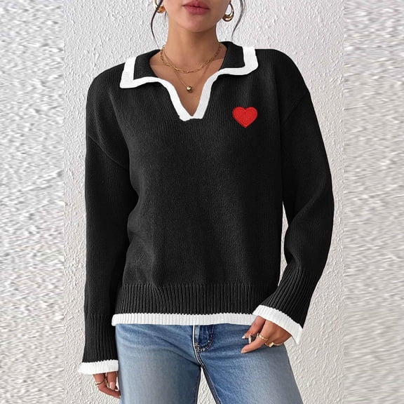 NTACZA Heart Print Sweaters for Women Plus Size Valentines Black V Neck Sweater Lapel Heart Print Polos Womens Jumpers L