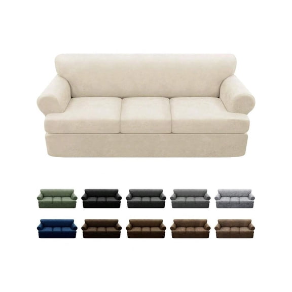 4-Pieces T Cushion Sofa Slipcovers Leather Look Couch Cover For 3 Cushion Couch Furniture Protector Stretch Sofa Cover With 3 Individual T Cushion Seat Covers Washable Beige
