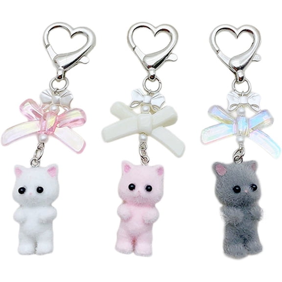 vlrwzc 3 Pcs Fuzzy Kitty Cat Keyring Y2K Cat Bow Heart Pendant Kawaii Cat Bag Charm Cute Cat Keychain for Women