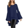 thumbnail image 2 of VEKDONE Wedding Guest Women's Long Sleeve Tunic Blouse Fall Casual Trumpet Sleeve Tunic Tops Double Layer Chiffon High Low Hem Shirts Dark Blue,L, 2 of 7