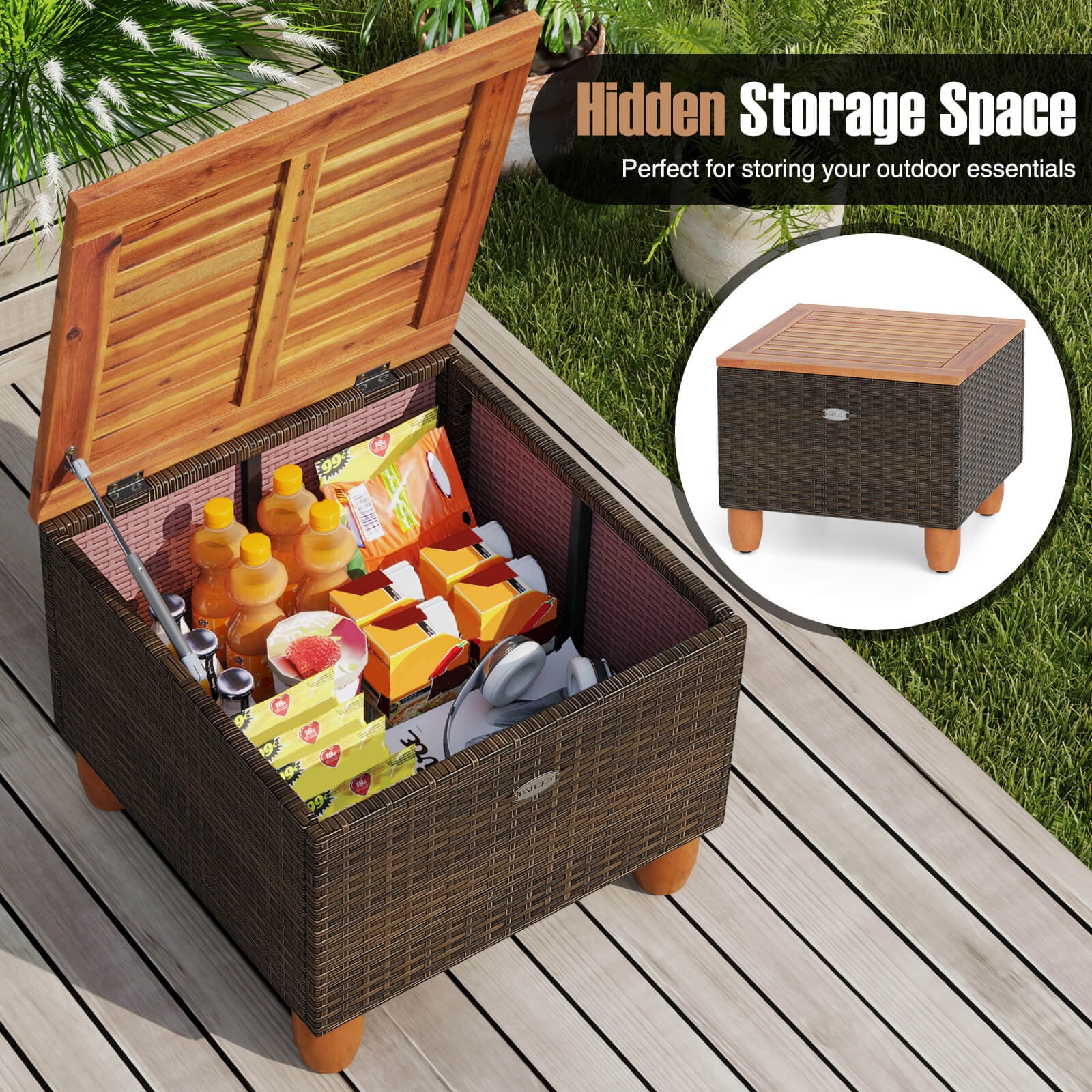 Costway 3 PCS Outdoor Patio Rattan Bistro Furniture Set Wooden Table Top Cushioned Sofa Beige
