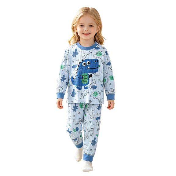 Bjutir Pajamas Set For Girls Dinosaur Print Crewneck Tops And Pants Pjs Set Comfortable Loungewear Long Sleeve Outfits Size 6 Months-6 Years, Blue