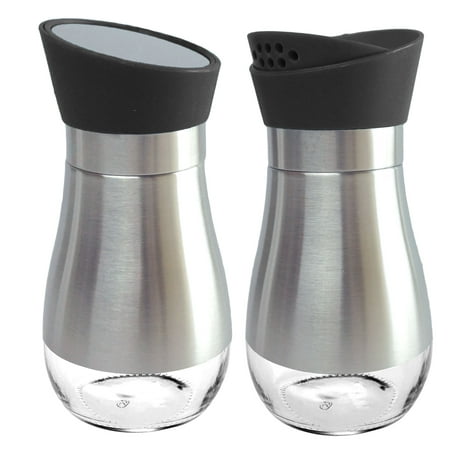 Stainless Steel Salt & Pepper Shakers Glass Bottom Rotating Cover Spice