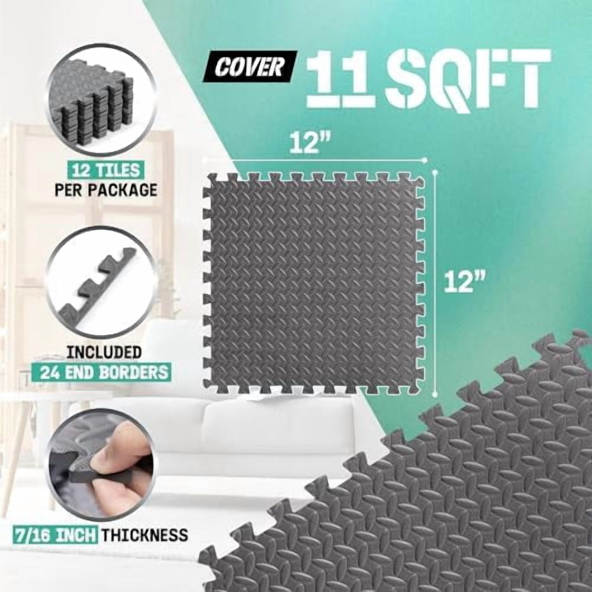 EVA Interlocking Mats, Puzzle Floor Tiles, Foam Floor Padding with Border for Furniture, Home Space, Living Room, Garage 11,15,32,99 SQFT