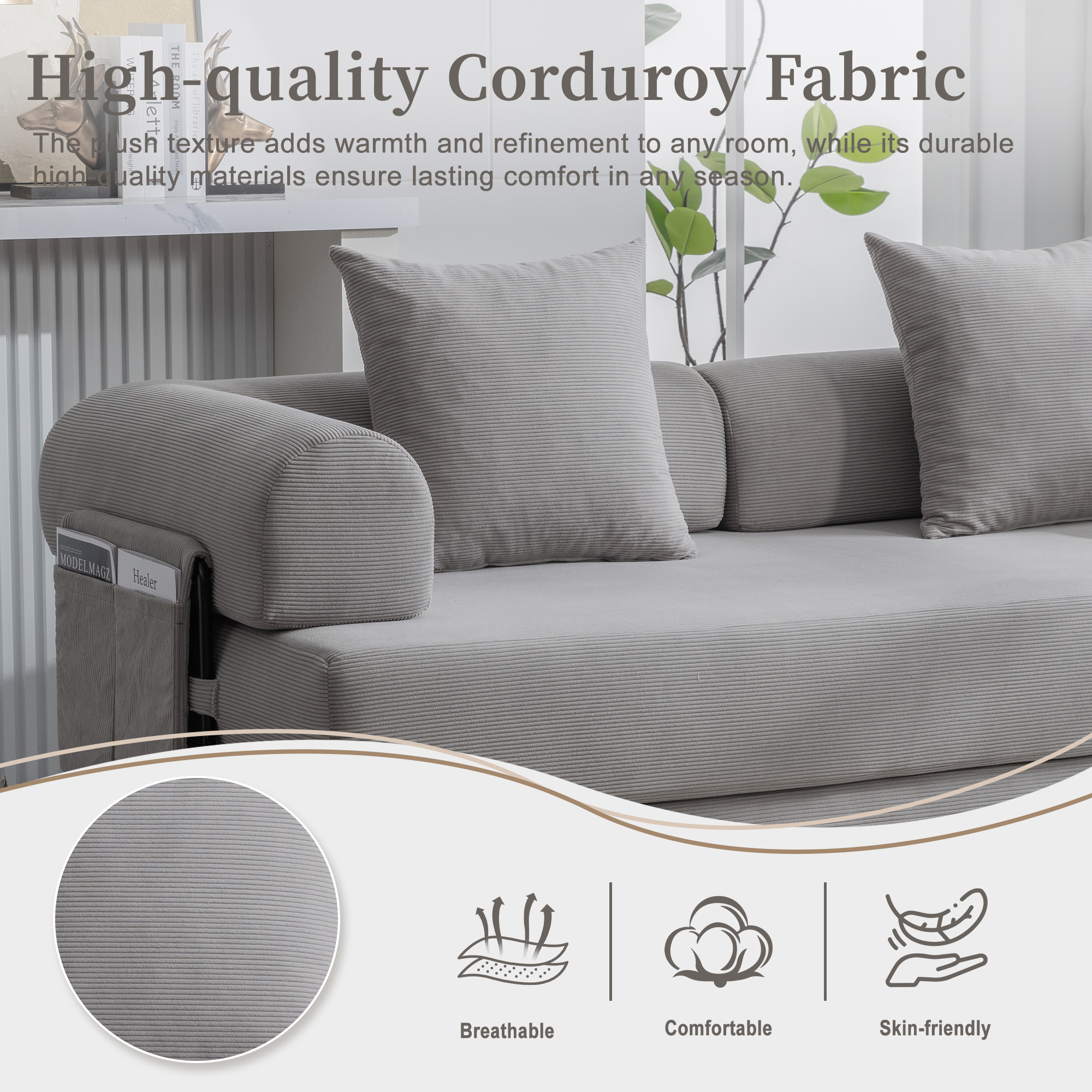 MOONMISS Corduroy Upholstered Modern Comfort Foldable Compressible Sofa Bed with Sturdy Metal Frame-Light Gray