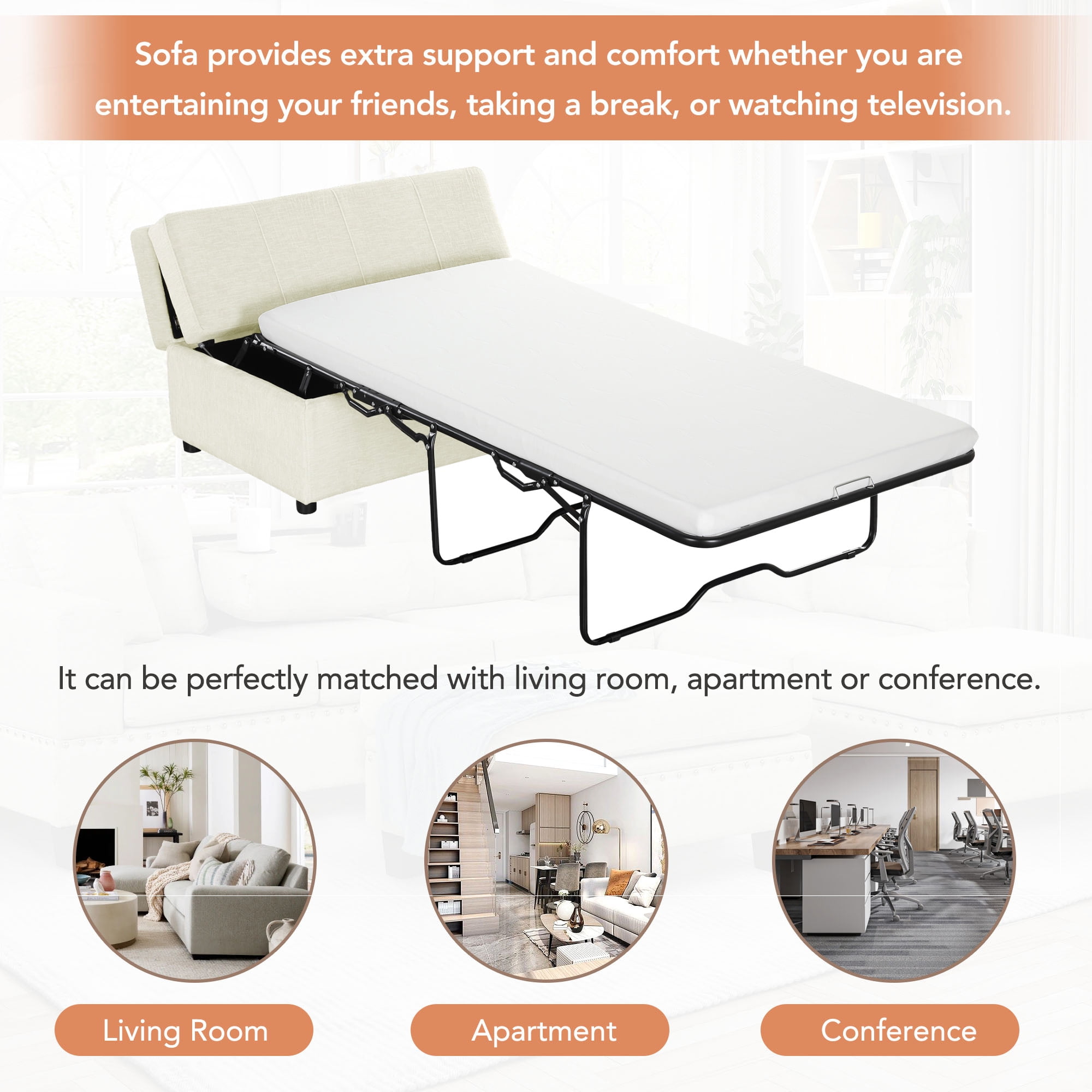 Euroco Twin Size Folding Ottoman Sleeper Bed with Mattress Convertible Guest Bed, White