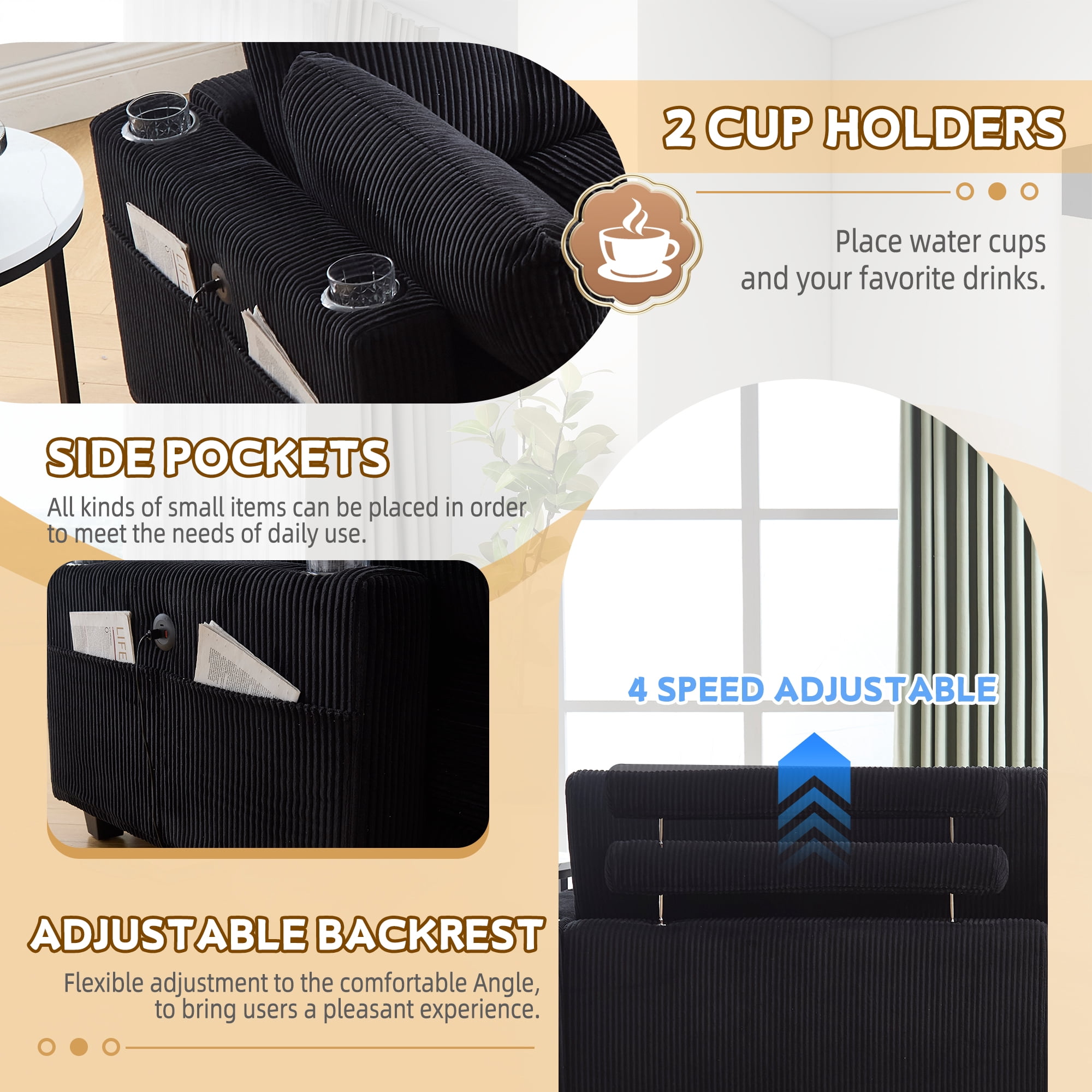 MOONMISS Corduroy Upholstered Soft Deep Seat Sofa with USB,Type-C&2 Cup Holders-Black