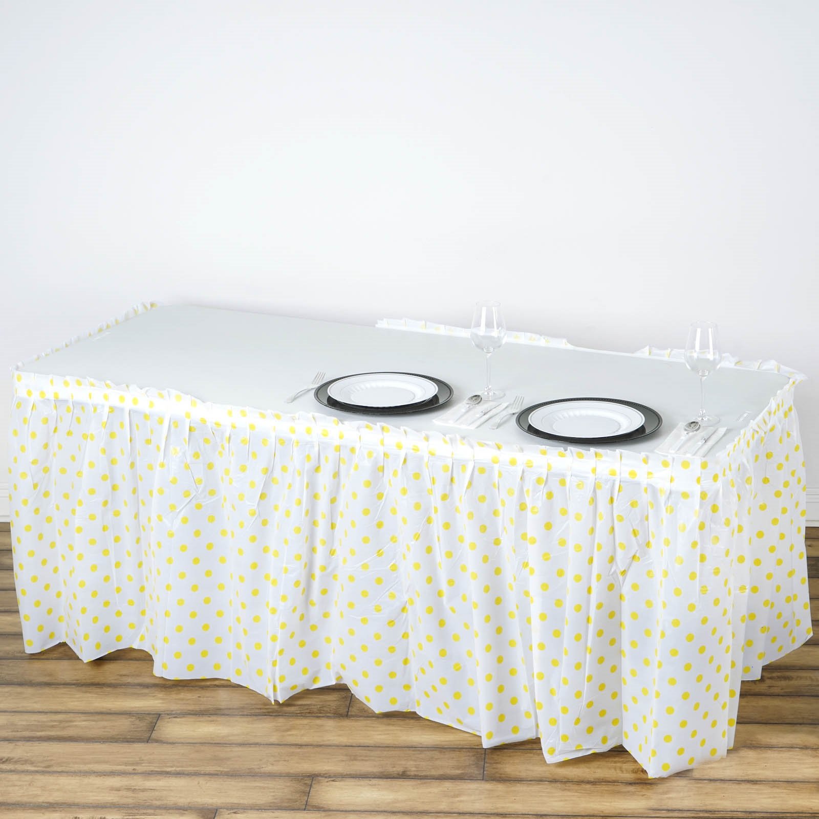 Efavormart 14FT 10 Mil Thick Polka Dots Pleated Plastic Table Skirts