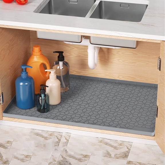 Behome Waterproof Under Sink Mat 34" x 22", Anti-slip Silicone Kitchen Sink Mat with Drain Hole, Raised-Edge Shelf Liners Tray for Cabinets, Bathroom, Boots