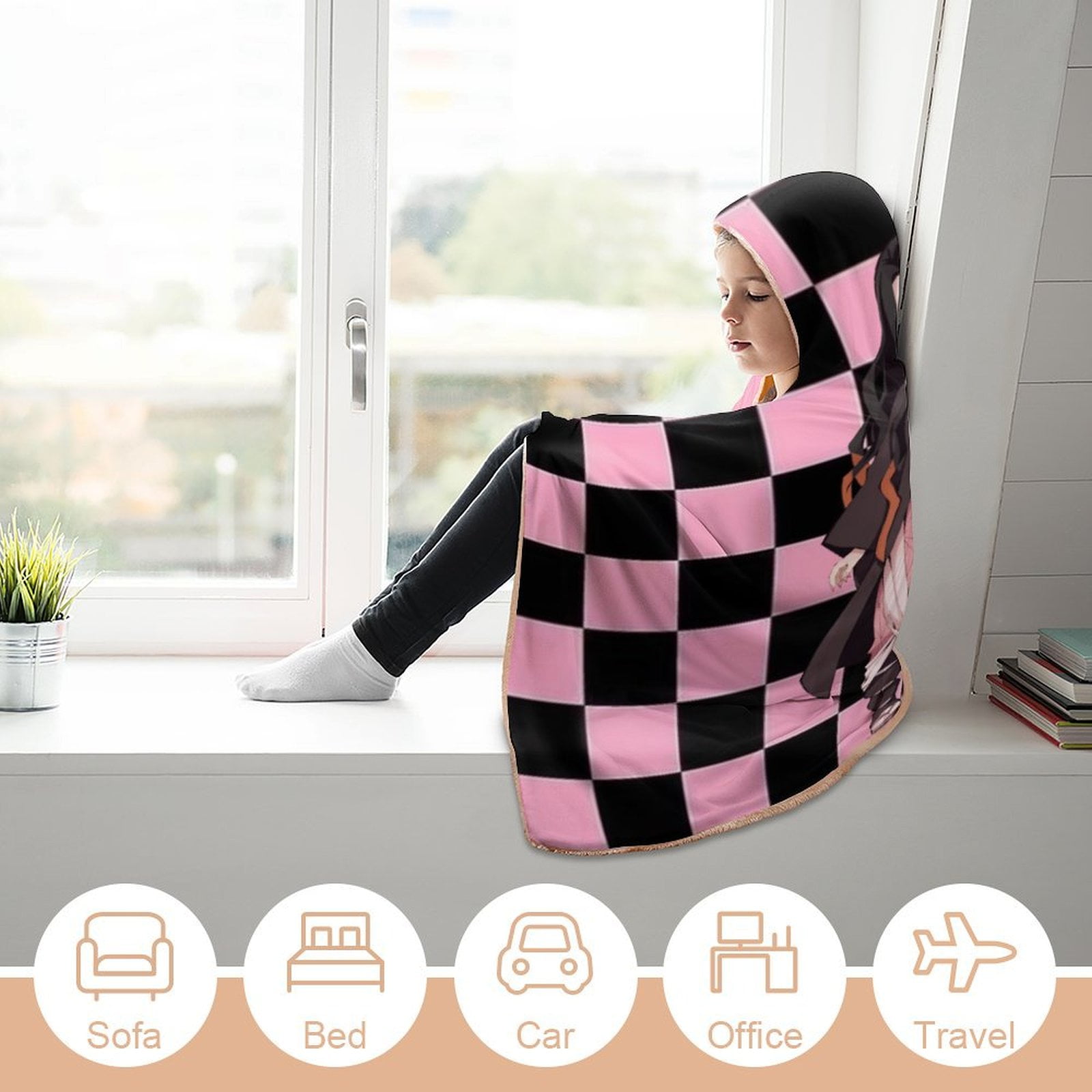 Kamado Nezuko Wearable Blanket Cloak Arctic Velvet Hooded Blanket Soft Fuzzy Hoodie Blanket Cape for Adults Kids 50"x60"