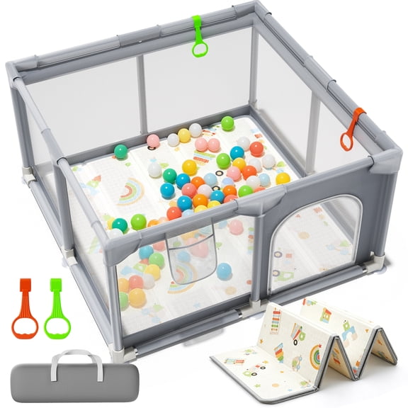 JoyStone 47 x 47 in Baby Playpen with Mat, Soft Mesh Play Yard for Babies & Toddlers with Non-Slip Base and Carry Bag